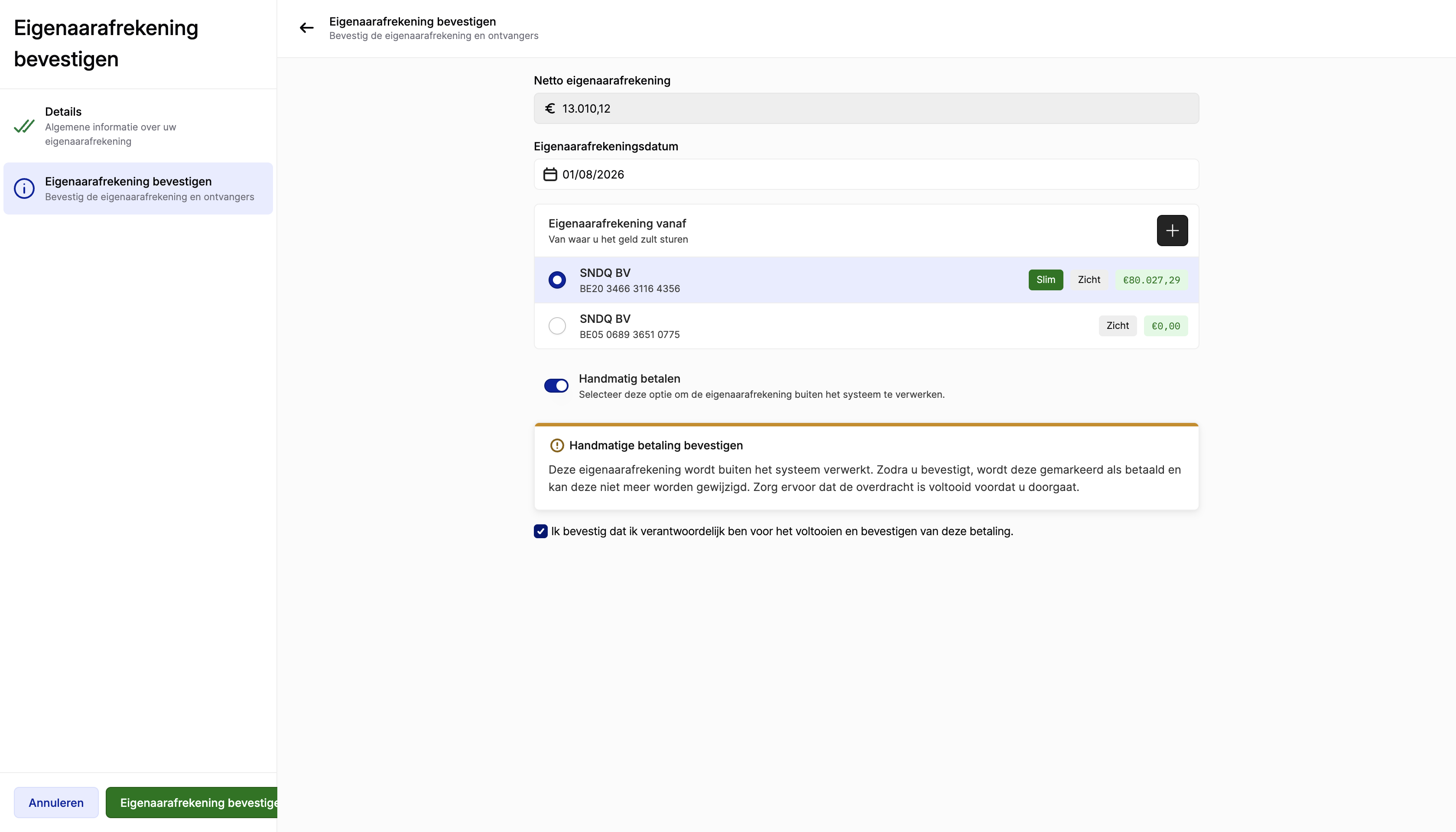 Wizard — Waarschuwing handmatige betaling