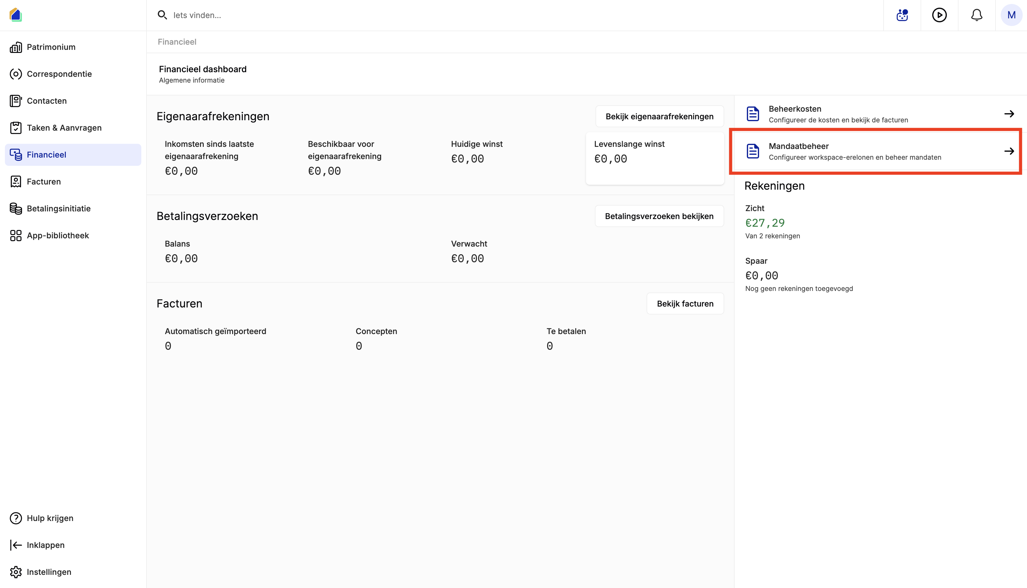 Financieel dashboard met link naar Mandaatbeheer
