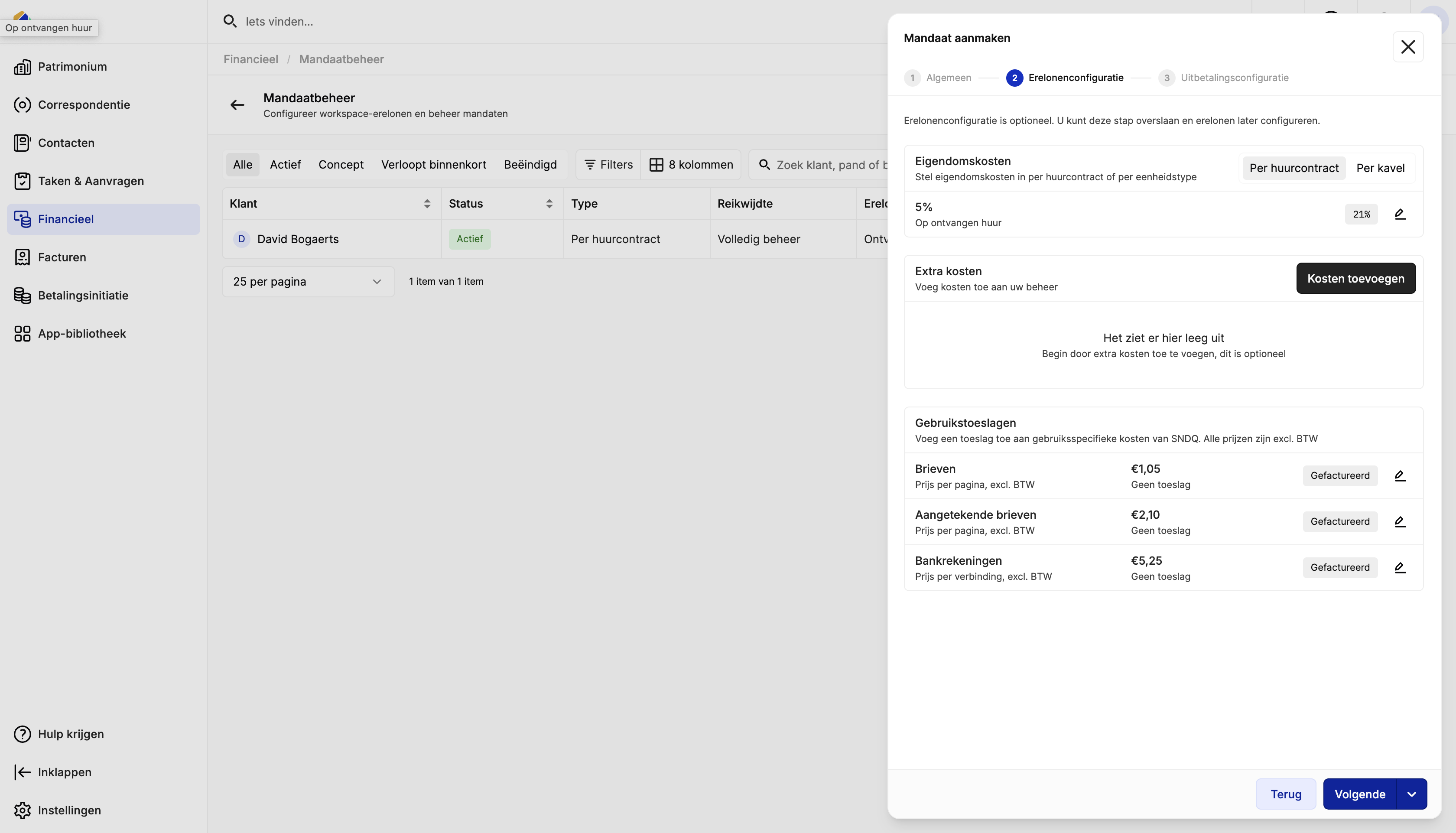 Mandaat aanmaken — Erelonenconfiguratie