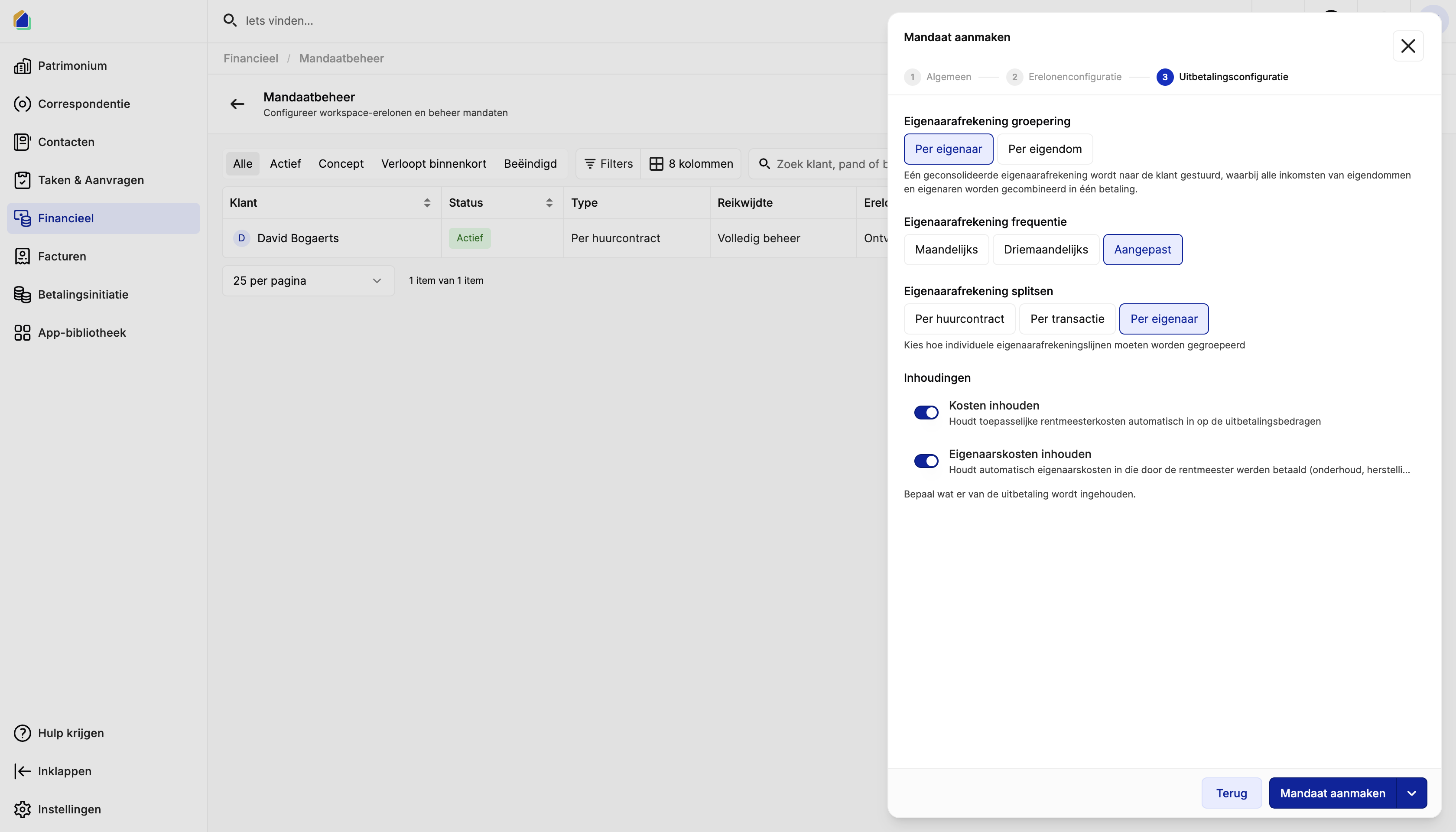 Mandaat aanmaken — Uitbetalingsconfiguratie
