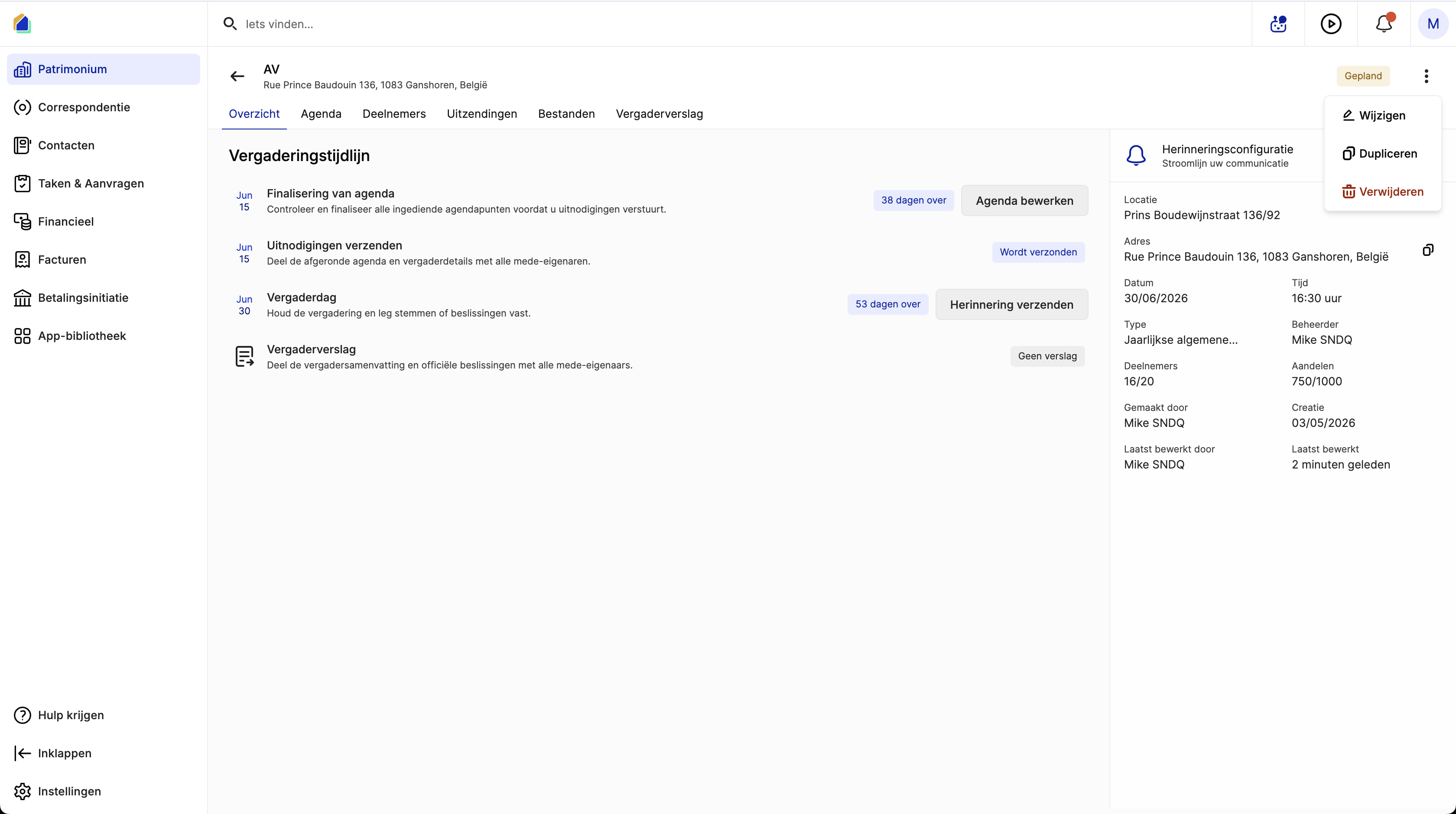 Vergadering overzicht menu