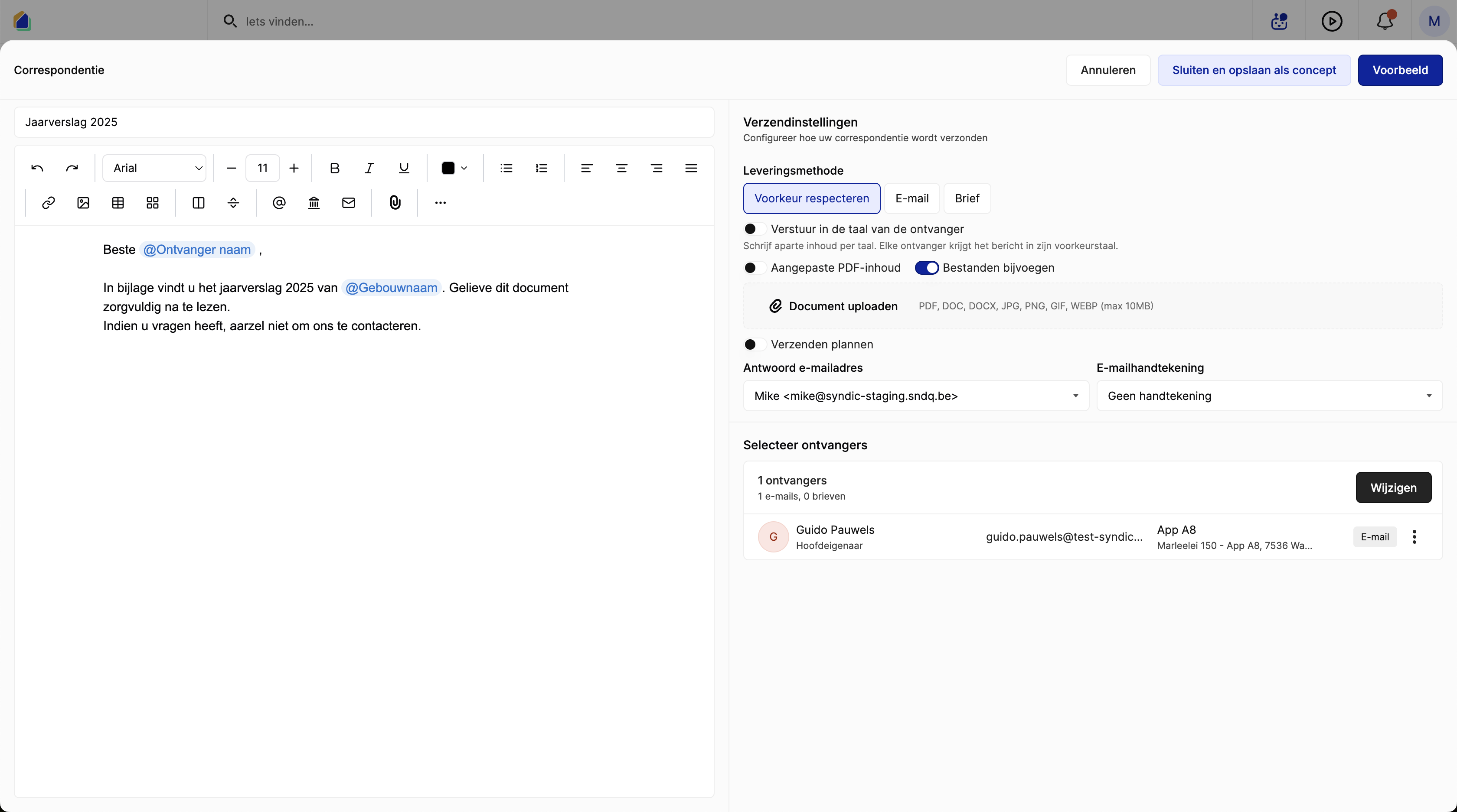 Correspondentie met ontvanger