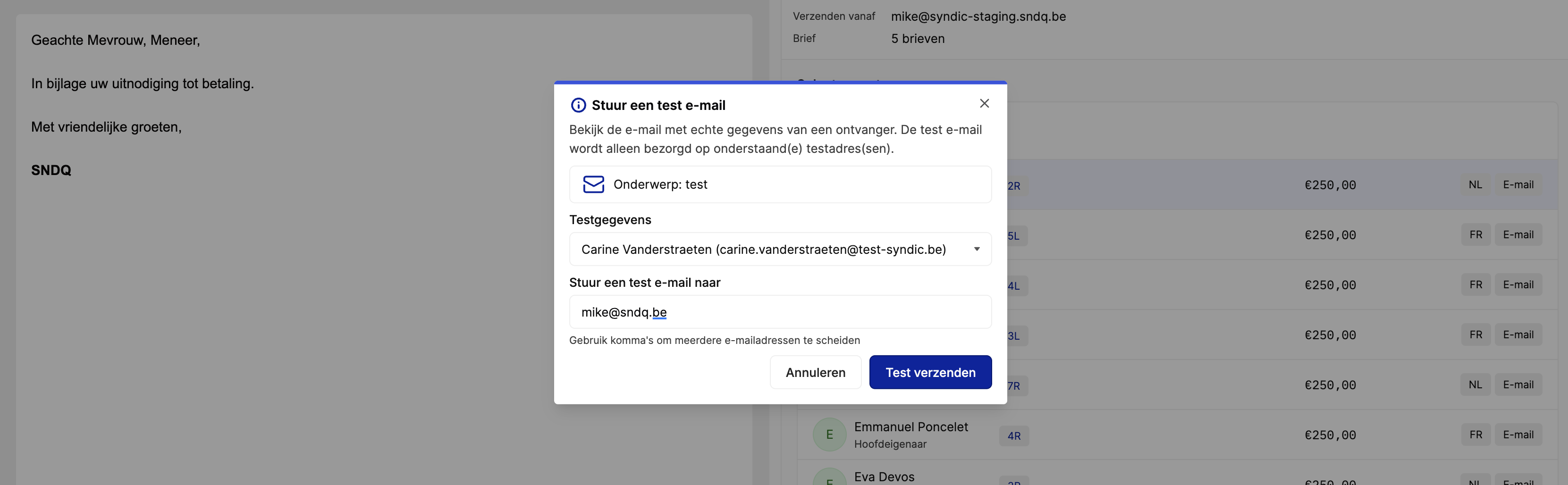 Test e-mail dialoog